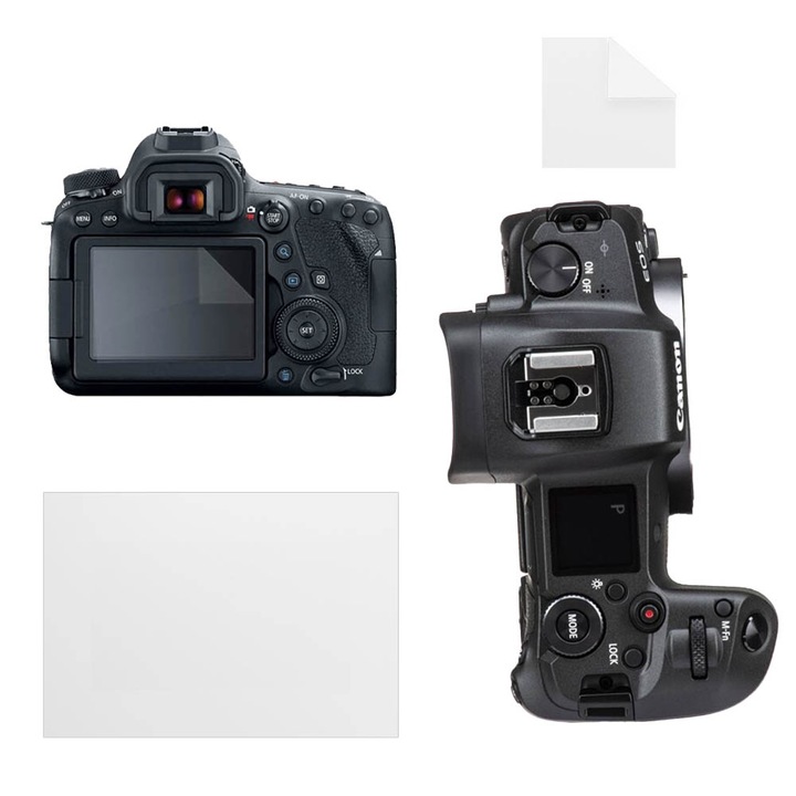 Set protectie compatibil cu Canon EOS R, COMANDO Focus Shield, 1 Folie Ecran si 1 Folie Panoul de Control, Anti-Reflexie, Anti-zgarieturi, Proprietati Regenerabile, Protectie Anti-Amprente, Aplicare usoara, Gri Transparent