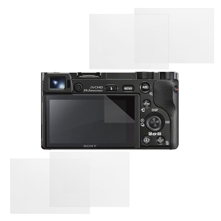 Set protectie compatibil cu Sony A6000, COMANDO Focus Shield, 4 Folii de Silicon Rezistente pentru Ecran, Anti-Reflexie, Anti-zgarieturi, Proprietati Regenerabile, Protectie Anti-Amprente, Aplicare usoara, Gri Transparent