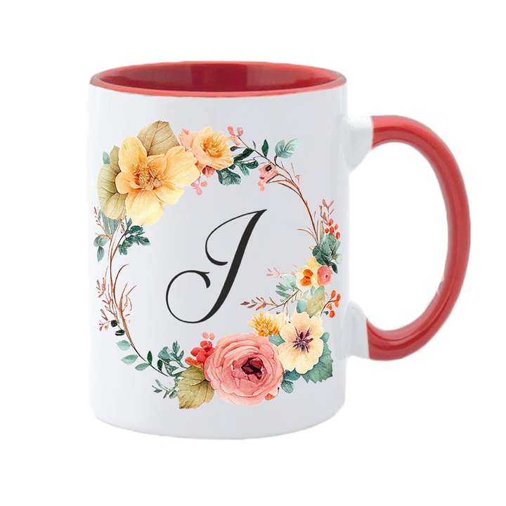 Cana personalizata cu initiala numelui, alba cu interior si maner rosu, 350ml, Colectia Flori-Alfabet, litera J