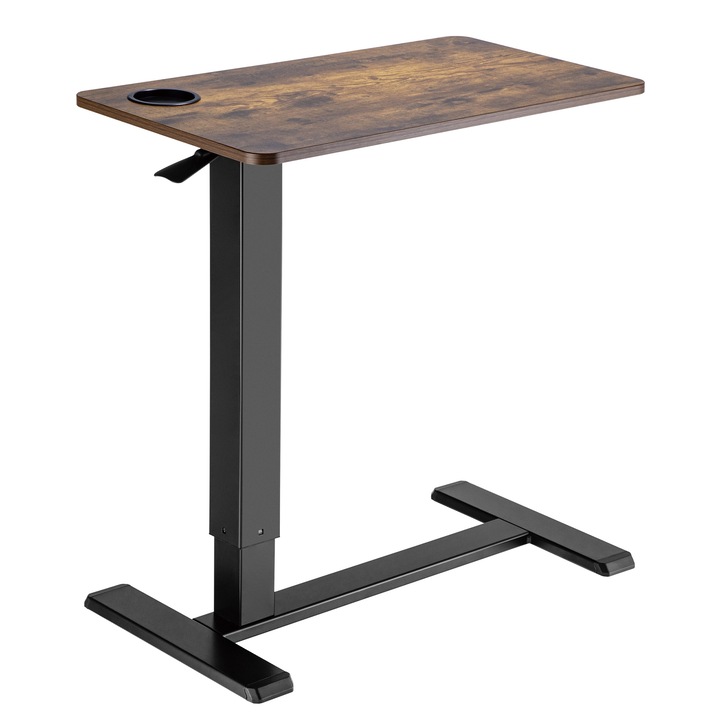 Masa laterala reglabila pe inaltime StableDesk pe gaz, Ridica 7kg, Inaltime 64-99 cm, cu Roti ascunse, Colturi rotunjite, Suport de Pahar, Cadru Negru mat, Blat Maro Rustic 71 x 40 cm