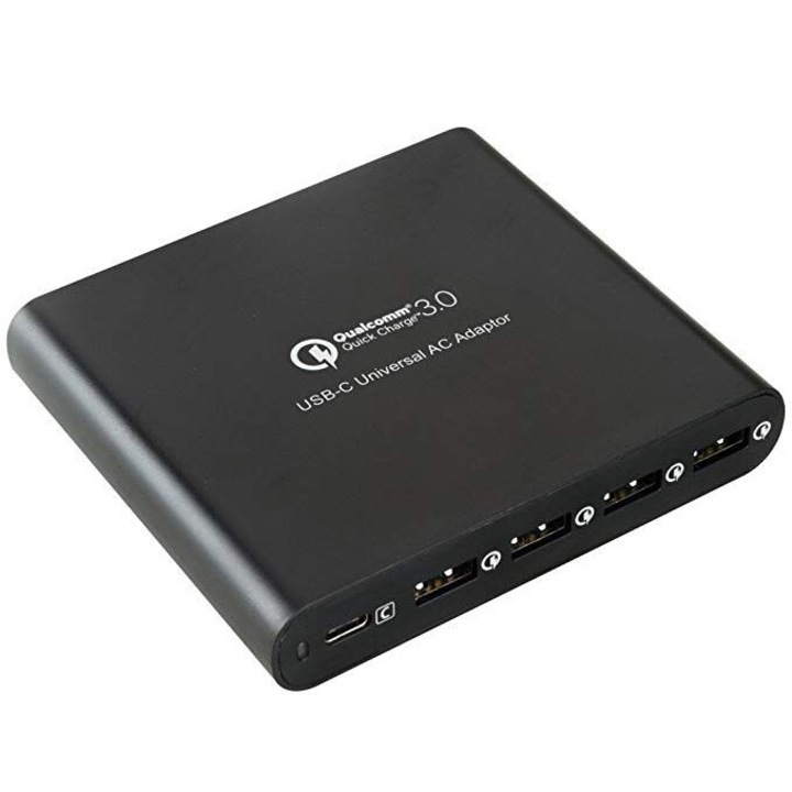 Intelligens töltőállomás 5 USB-A és USB-C porttal, 80 watt, gyorstöltő QC 3.0 PD 3.0 fekete, 1