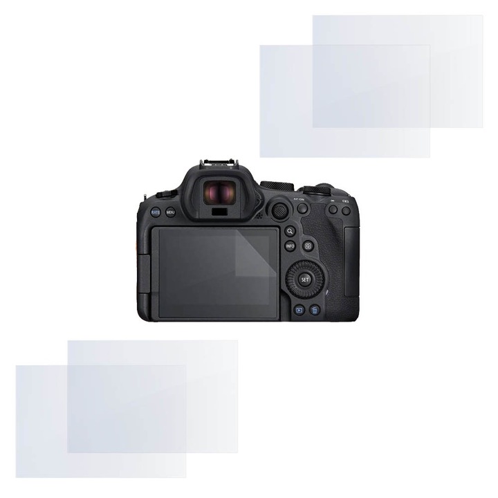 Set protectie compatibil cu Canon EOS R6 Mark II, COMANDO Focus Shield, 4 Folii de Silicon Rezistente pentru Ecran, Anti-Reflexie, Anti-zgarieturi, Proprietati Regenerabile, Protectie Anti-Amprente, Aplicare usoara, Transparent