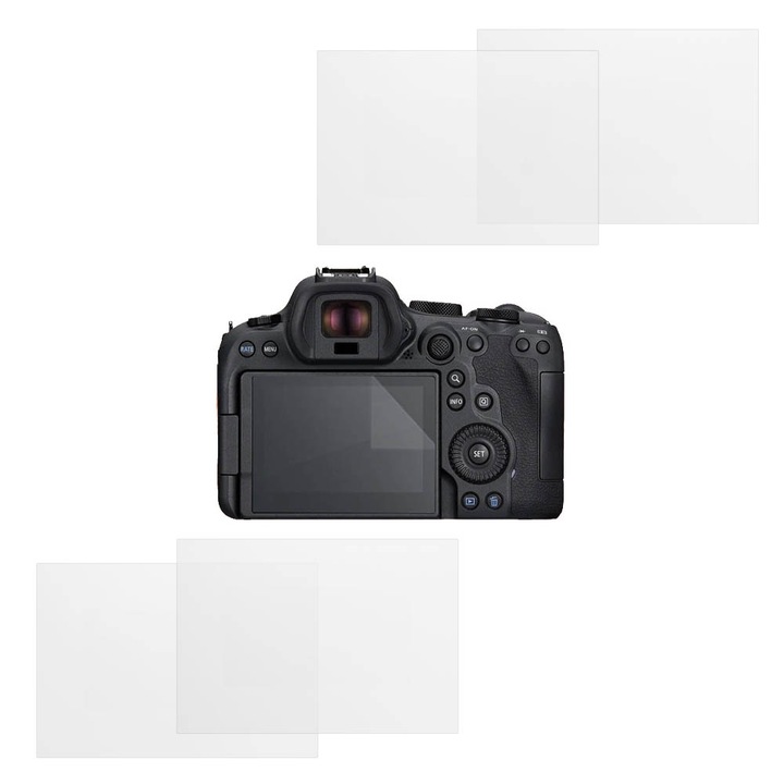 Set protectie compatibil cu Canon EOS R6 Mark II, COMANDO Focus Shield, 4 Folii de Silicon Rezistente pentru Ecran, Anti-Reflexie, Anti-zgarieturi, Proprietati Regenerabile, Protectie Anti-Amprente, Aplicare usoara, Gri Transparent