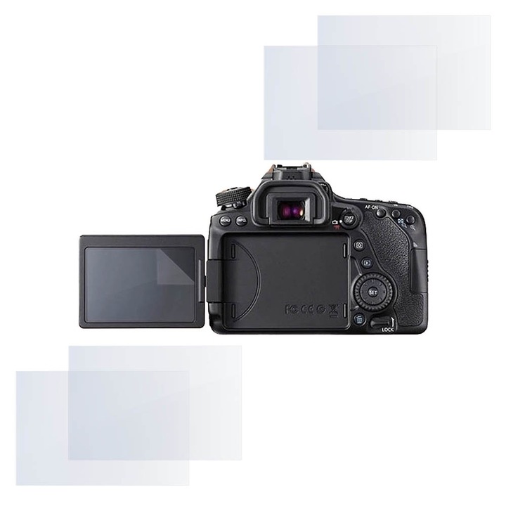 Set protectie compatibil cu Canon EOS 80D, COMANDO Focus Shield, 4 Folii de Silicon Rezistente pentru Ecran, Anti-Reflexie, Anti-zgarieturi, Proprietati Regenerabile, Protectie Anti-Amprente, Aplicare usoara, Transparent