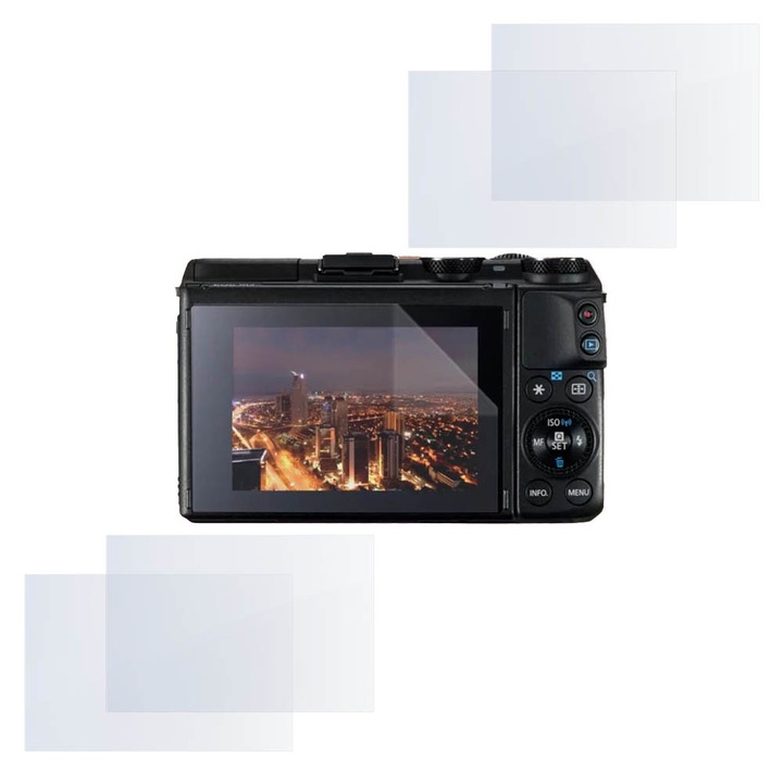Set protectie compatibil cu Canon EOS M3, COMANDO Focus Shield, 4 Folii de Silicon Rezistente pentru Ecran, Anti-Reflexie, Anti-zgarieturi, Proprietati Regenerabile, Protectie Anti-Amprente, Aplicare usoara, Transparent