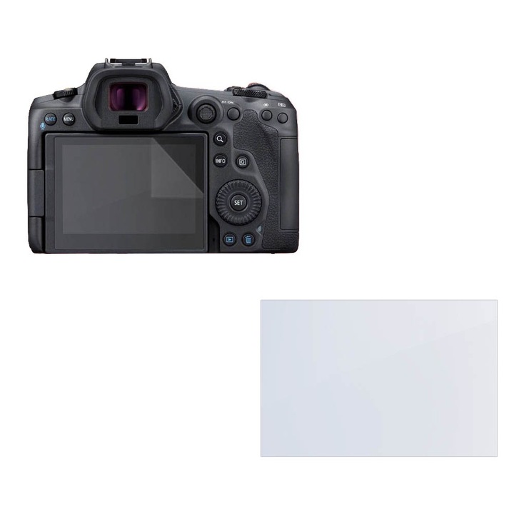 Set protectie compatibil cu Canon EOS R5, COMANDO Focus Shield, 1 Folie de Silicon Rezistenta pentru Ecran, Anti-Reflexie, Anti-zgarieturi, Proprietati Regenerabile, Protectie Anti-Amprente, Aplicare usoara, Transparent