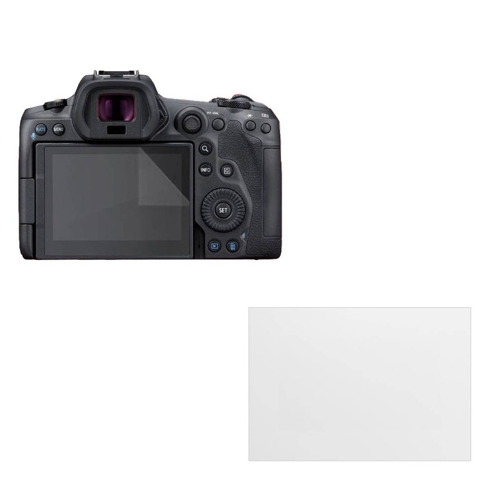 Set protectie compatibil cu Canon EOS R5, COMANDO Focus Shield, 1 Folie de Silicon Rezistenta pentru Ecran, Anti-Reflexie, Anti-zgarieturi, Proprietati Regenerabile, Protectie Anti-Amprente, Aplicare usoara, Gri Transparent