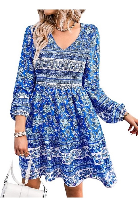 Rochie Boho cu maneca lunga, albastru, marimea S, BebreezChic