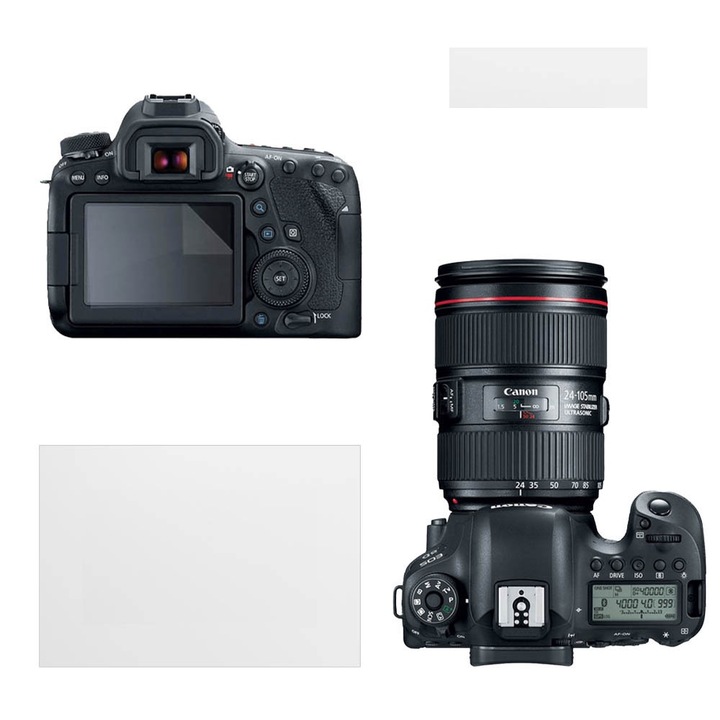 Set protectie compatibil cu Canon EOS 6D Mark II, COMANDO Focus Shield, 1 Folie Ecran si 1 Folie Panoul de Control, Anti-Reflexie, Anti-zgarieturi, Proprietati Regenerabile, Protectie Anti-Amprente, Aplicare usoara, Gri Transparent