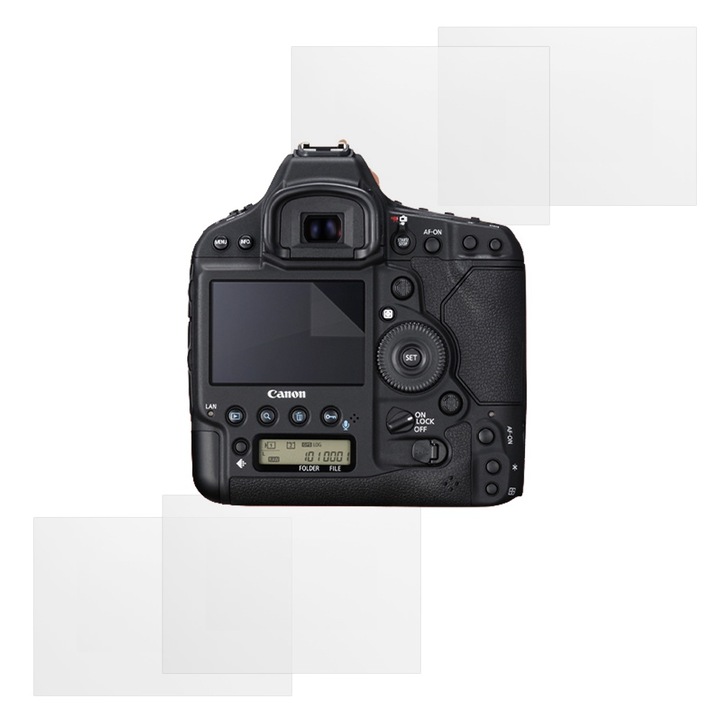 Set protectie compatibil cu Canon EOS-1D X Mark II, COMANDO Focus Shield, 4 Folii de Silicon Rezistente pentru Ecran, Anti-Reflexie, Anti-zgarieturi, Proprietati Regenerabile, Protectie Anti-Amprente, Aplicare usoara, Gri Transparent