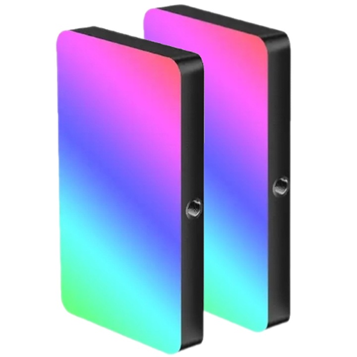 Set 2 Lampi Video - Foto RGB LED W140 QENO® REVOLIGHTS, Lumina Continua 2500-9000K, Acumulator 3100mAh, HSI Control, CRI 95+, 20 Moduri De Scena, Pentru Aparat Foto, Camera Video, GoPro, Telefon, Slot Incarcare USB Tip C, Negru