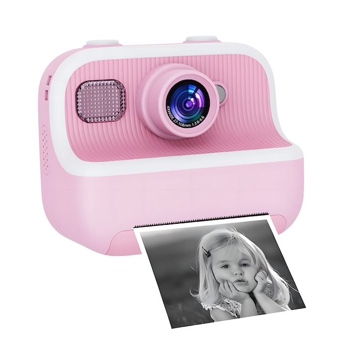 Цифрова фото-видео камера за деца, IMODIX®, функция за печат, 48 MP, Full HD, 1080p резолюция, селфи камера, 2,4-инчов екран, светкавица, 1500 mAh батерия, музика, игри, стикери, 32Gb SD карта в комплекта, модел M8, Розово