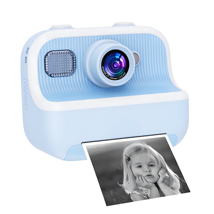 Цифрова фото-видео камера за деца, IMODIX®, функция за печат, 48 MP, Full HD, 1080p резолюция, селфи камера, 2,4-инчов екран, светкавица, 1500 mAh батерия, музика, игри, стикери, 32Gb SD карта в комплекта, модел M8, Синьо