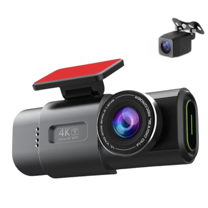 Автомобилна видеокамера, IMODIX®, Камера за заден ход, 4K UHD, Резолюция 3840x2160, 1,47-инчов LCD дисплей, GPS, Wi-Fi, Нощно виждане, 170° широк ъгъл, G сензор, Детекция на движение, Циклично записване, Приложение на телефона, Сребрист