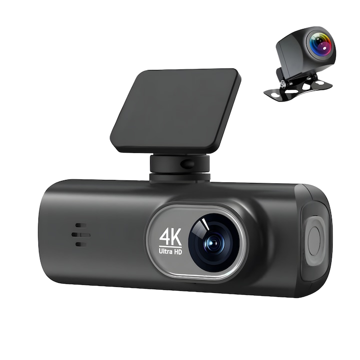 Автомобилна видеокамера, IMODIX®, Камера за заден ход, 4K UHD, Резолюция 3840x2160, 1,47-инчов LCD дисплей, GPS, Wi-Fi, Нощно виждане, 170° широк ъгъл, G сензор, Детекция на движение, Циклично записване, Приложение на телефона, Черен