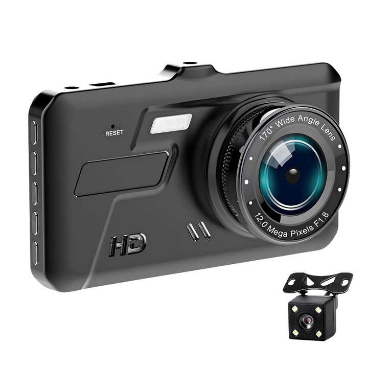 Автомобилна видеокамера, IMODIX®, камера за заден ход, FULL-HD 1080P, сензорен екран, 4-инчов LCD дисплей, нощно виждане, 170° широк ъгъл, G сензор, детекция на движение, цикличен запис, A30, черен