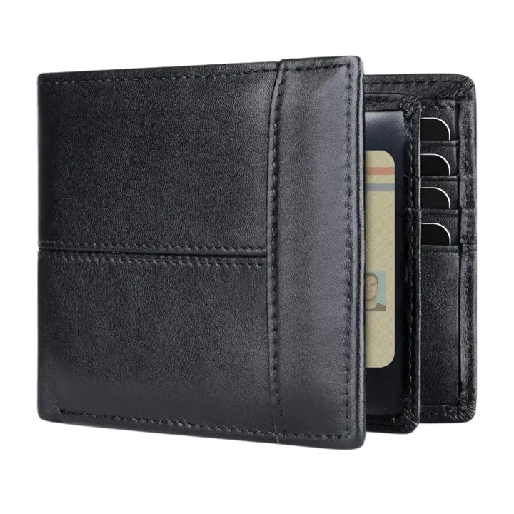 Мъжки портфейл от естествена кожа, IMODIX®, RFID защита за карти, джоб за лична карта, джоб за монети, много просторен, семпъл и приятен дизайн, 8064, черен