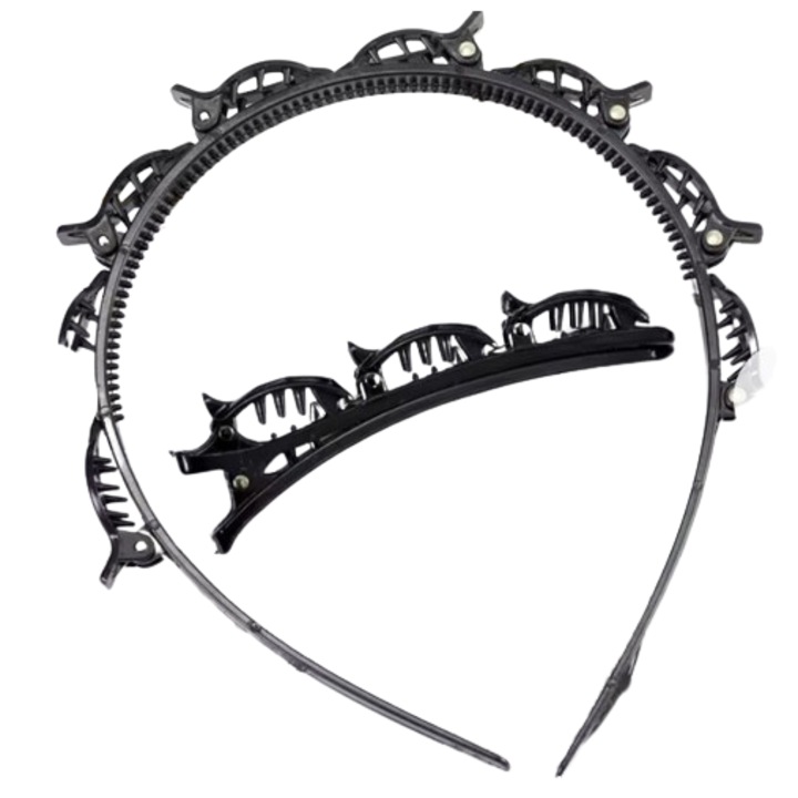 Set 2 bentite pentru par cu clame atasate, EVNC, Unisex Alice Hairband, negru