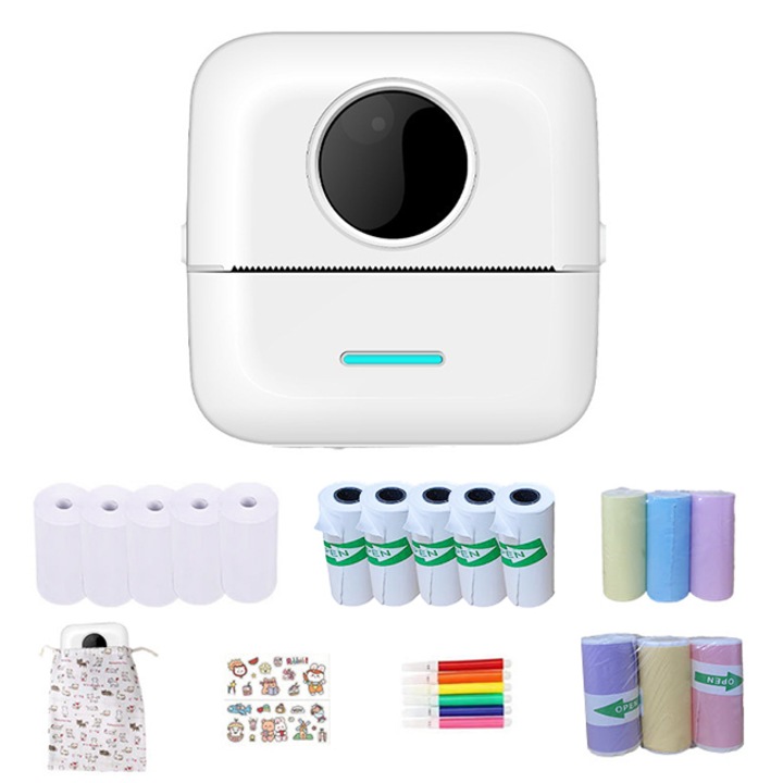 Mini zsebnyomtató, Wepzsxo, Bluetooth, 16 filmtekercs, többfunkciós, 1200 mAh, fehér