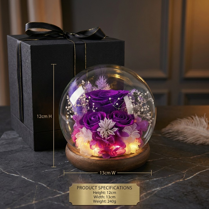 Set Trandafir etern in cupola de sticla, Excitat®, Flori conservate, Baza din lemn masiv, Iluminare LED, se pastreaza 3-5 ani, Cutie cadou, 13×13×13 cm, Violet