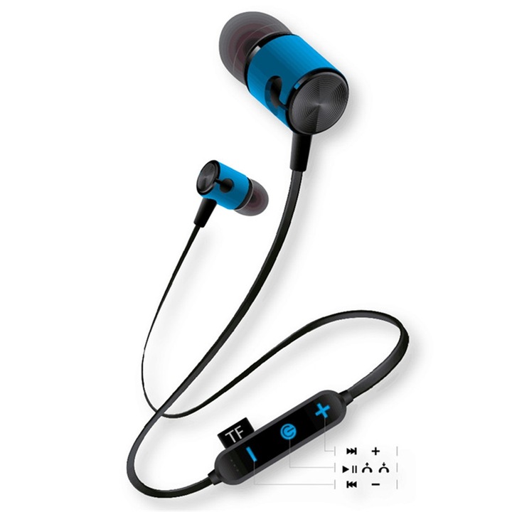 Casti In-Ear, Bluetooth Wireless 4.2, Earphone Sport, Suport Card, Albastru