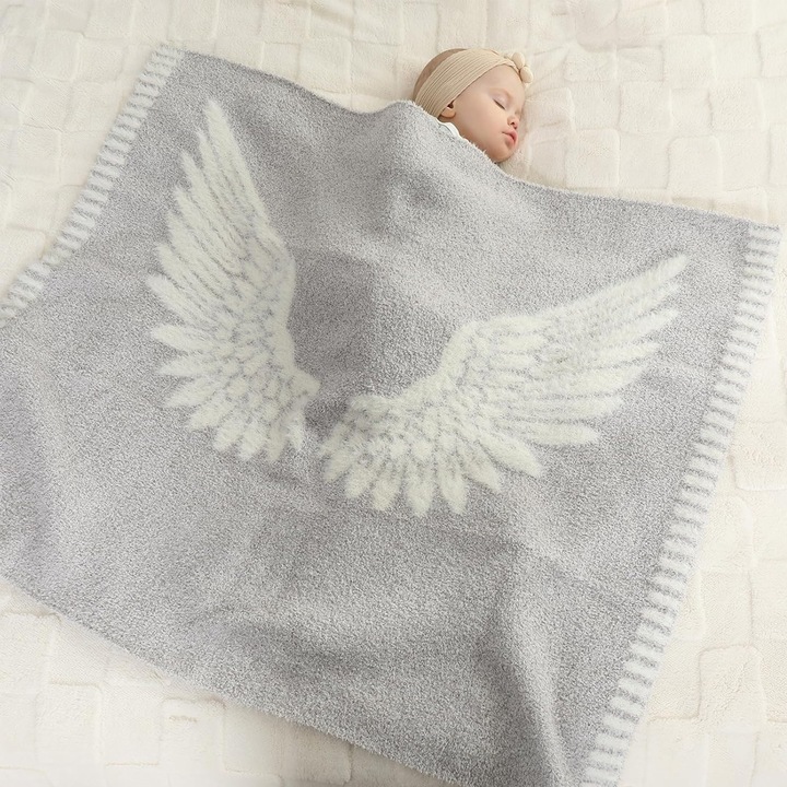 Patura cu model aripi de inger, Enforose, microfibra ultra moale, gri, 130x150cm