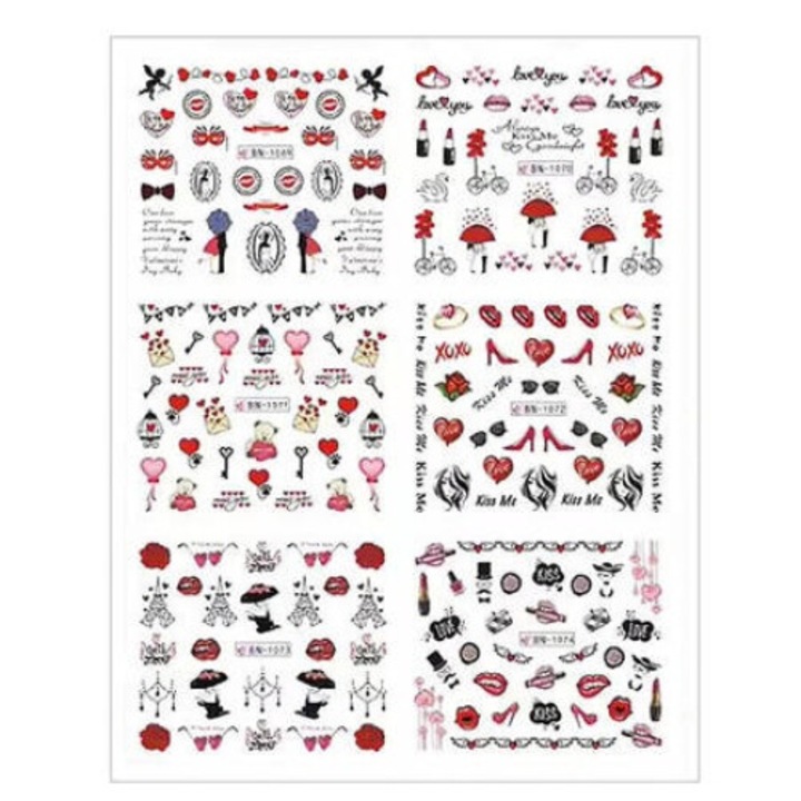 Водни стикери за маникюр, ноктопластика, целувки, BN-1069, лист 6 бр.