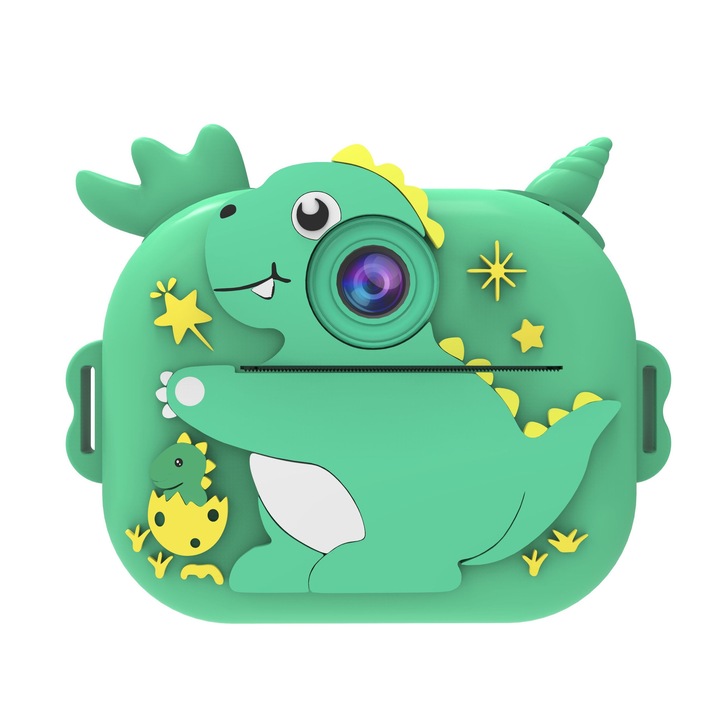Детска камера с печат, VALA® 4K DINOSAUR, Двойна предна-задна камера с автофокус, 48Mpx, 2.4" LCD дисплей, 5 ролки термична хартия, Carrios и стикери, включени кабел и кабел за зареждане, Зелен