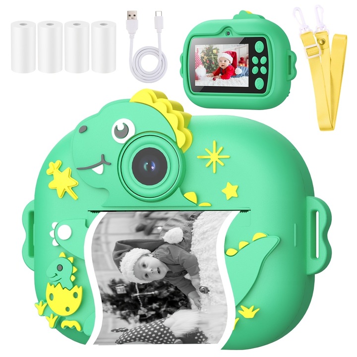 Детска камера с печат, VALA® 4K DINOSAUR, Двойна предна-задна камера с автофокус, 48Mpx, 2.4" LCD дисплей, 5 ролки термична хартия, Carrios и стикери, включени кабел и кабел за зареждане, Зелен