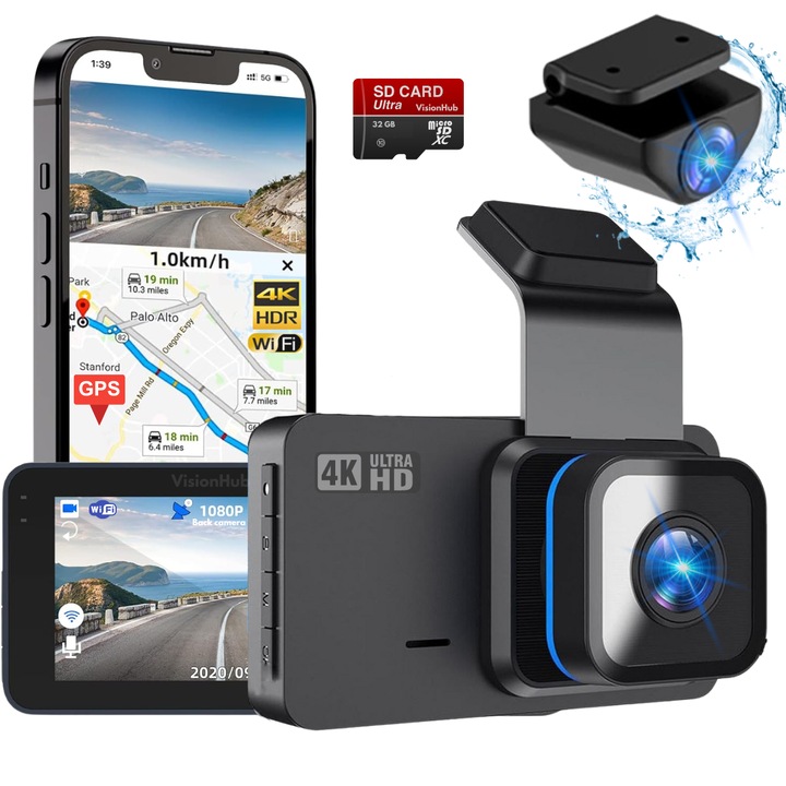 Dual Dash Cam 4k - Full HD, VisionHub®, WIFI + GPS, регулируем G-сензор, приложение за телефон, нощно виждане, цикличен запис, широкоъгълен 170°, 3,0-инчов IPS екран, DVR с 4k предна камера + включена задна 1080p, черен