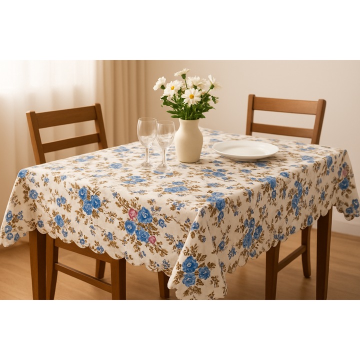 Fata de masa patrata cu imprimeu englezesc romantic, cu flori, jacquard, eleganta, de inspiratie retro / vintage, potrivita si pentru masa rotunda, 150 cm x 220 cm, albastru si roz