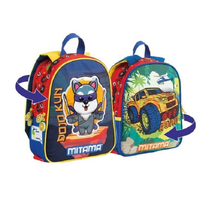 Ghiozdan Gradinita, Mitama, 2in1 cu 2 Fete, Bretele Reversibile, Spinny - Ninja & Car