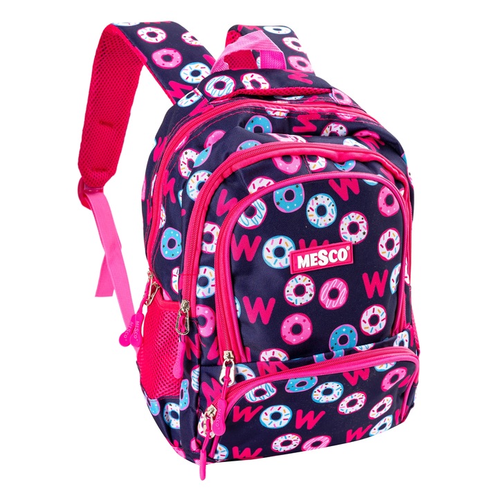 Mesco iskolatáska 4 rekeszes, fánk, sötétkék/rózsaszín, 38 x 25 x 15 cm