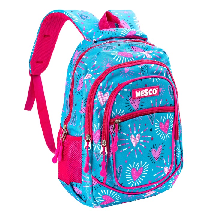 Mesco iskolatáska 4 rekeszes, szívek, kék/rózsaszín, 38 x 25 x 15 cm