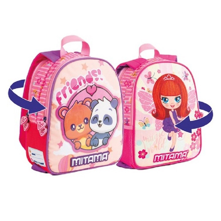 Rucsac Gradinita, Mitama, 2in1 cu 2 Fete, Bretele Reversibile, Spinny - Panda & Fairy, 31x25x10cm