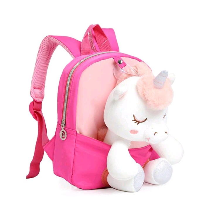 Ghiozdan gradinita roz aprins cu design si papusa unicorn
