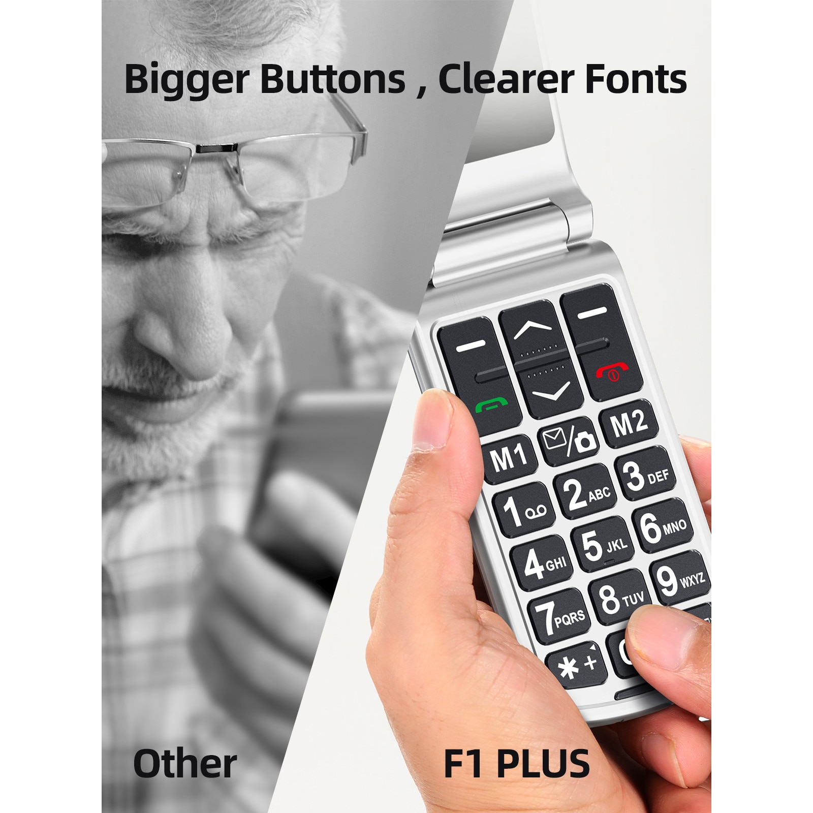 SweetLink F1 Plus Telefon mobil pentru seniori, taste mari, meniu in limba Romana, dual SIM, buton SOS, Pentru Varstnici, Bluetooth, lanterna, radio, Stand Incarcare, negru