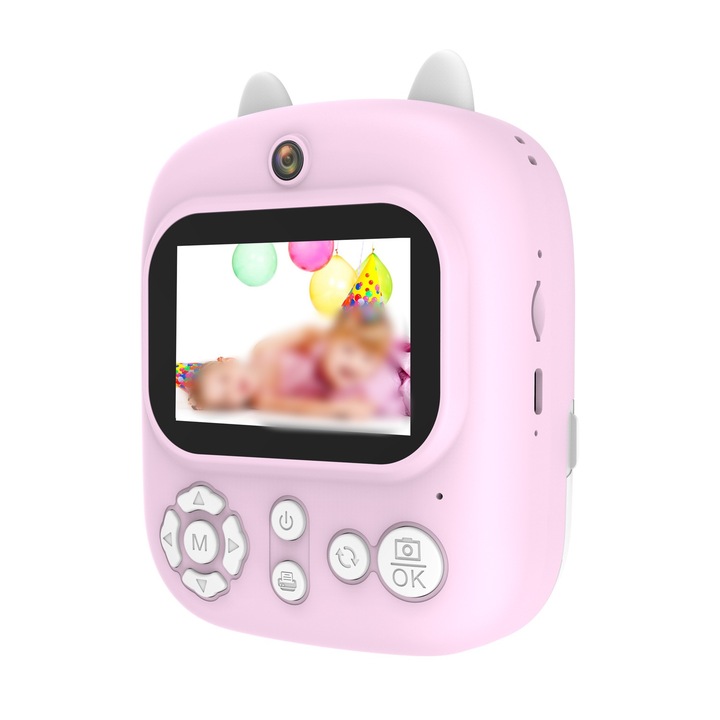 Camera pentru copii, card de memorie 32G, 3 role de hartie de imprimare termica, camera dubla HD 1200w, video 1080p, zoom 8x, baterie 750mah, incarcare USB