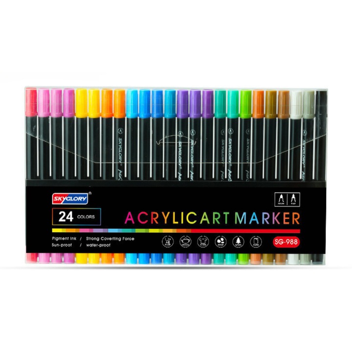 Комплект от 24 акрилни маркера с двоен връх, SkyGlory, Multisurface, Multicolor