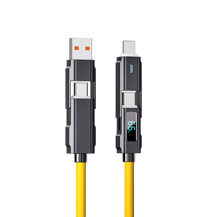 Kettős adatkábel LED kijelzővel, gyorstöltés, 27/65W, fém, USB multicsatlakozó, Type-C és Lightning, 1M, sárga