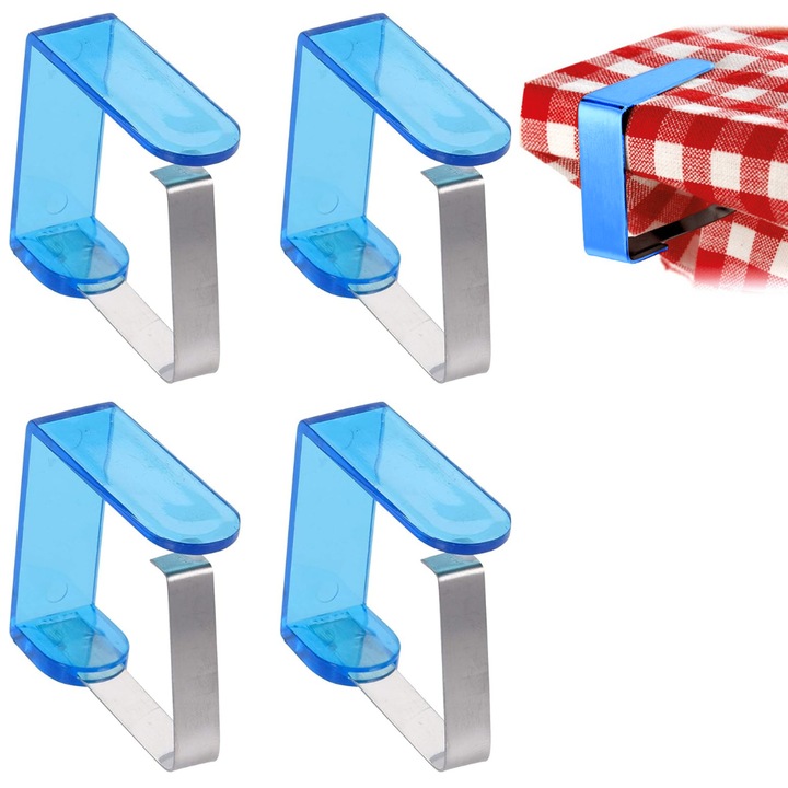 Clipsuri Pentru Fata De Masa, OPENHOME, Set 4 Bucati, Prindere Puternica, Previn Alunecarea, Pentru Casa Si Gradina, Contra Vant Si Copii, Montaj Rapid, Pentru Terasa Si Gratar, Cu Intaritura Metalica, 5 x 4 cm, Albastru