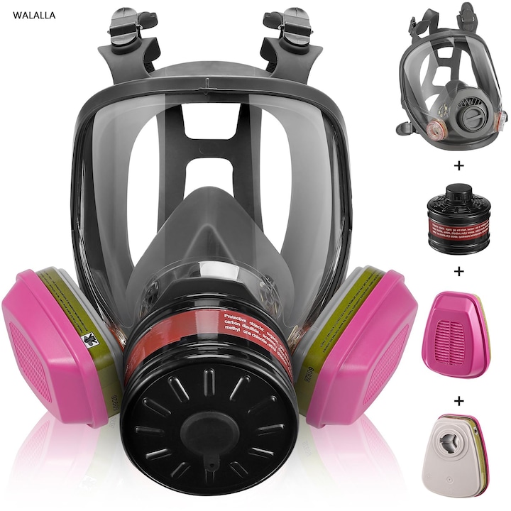 Masca de gaz, Masca de protective respiratorie, Masti de gaz Supravietuire nucleara si chimica, filtru carbon activat, ecran policarbonat, WALALLA, Negru / roz