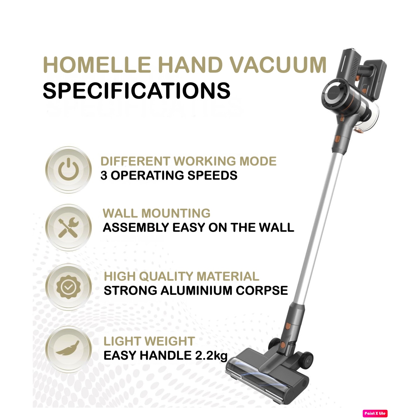 Homelle Stick Aspirator Wireless 250 Watt - 4 atasamente diferite - Aspirator fara fir - Gri mat - Aspirator de mana - Fara sac - Aspirator de mana