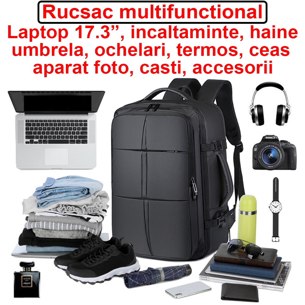 Rucsac laptop, 17.3”, multifunctional, din material special rezistent, pentru calatorii, business, expandabil pana la 40 l, dimensiuni 46x31x28cm, impermeabil, port USB, spate ventilat, rezistent la zgarieturi, compartiment incaltaminte, Negru, OptimStar®