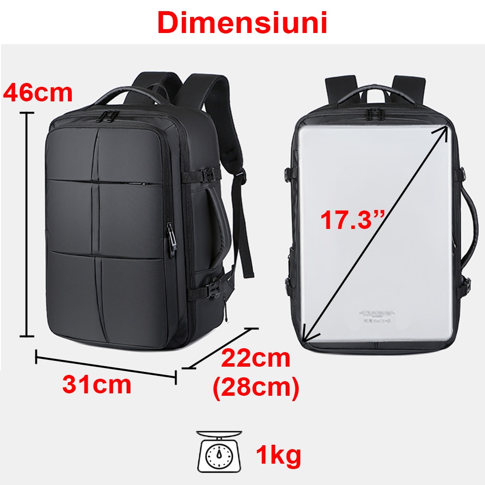 Rucsac laptop, 17.3”, multifunctional, din material special rezistent, pentru calatorii, business, expandabil pana la 40 l, dimensiuni 46x31x28cm, impermeabil, port USB, spate ventilat, rezistent la zgarieturi, compartiment incaltaminte, Negru, OptimStar®