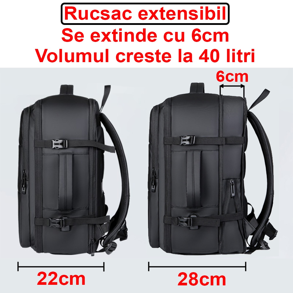 Rucsac laptop, 17.3”, multifunctional, din material special rezistent, pentru calatorii, business, expandabil pana la 40 l, dimensiuni 46x31x28cm, impermeabil, port USB, spate ventilat, rezistent la zgarieturi, compartiment incaltaminte, Negru, OptimStar®