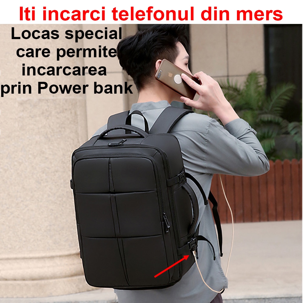 Rucsac laptop, 17.3”, multifunctional, din material special rezistent, pentru calatorii, business, expandabil pana la 40 l, dimensiuni 46x31x28cm, impermeabil, port USB, spate ventilat, rezistent la zgarieturi, compartiment incaltaminte, Negru, OptimStar®