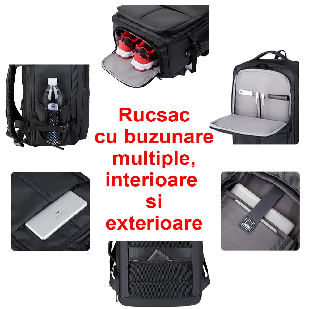 Rucsac laptop, 17.3”, multifunctional, din material special rezistent, pentru calatorii, business, expandabil pana la 40 l, dimensiuni 46x31x28cm, impermeabil, port USB, spate ventilat, rezistent la zgarieturi, compartiment incaltaminte, Negru, OptimStar®