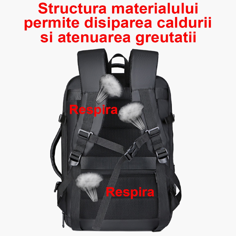 Rucsac laptop, 17.3”, multifunctional, din material special rezistent, pentru calatorii, business, expandabil pana la 40 l, dimensiuni 46x31x28cm, impermeabil, port USB, spate ventilat, rezistent la zgarieturi, compartiment incaltaminte, Negru, OptimStar®