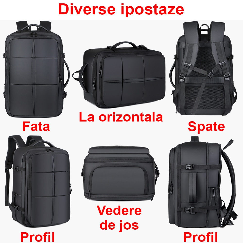 Rucsac laptop, 17.3”, multifunctional, din material special rezistent, pentru calatorii, business, expandabil pana la 40 l, dimensiuni 46x31x28cm, impermeabil, port USB, spate ventilat, rezistent la zgarieturi, compartiment incaltaminte, Negru, OptimStar®